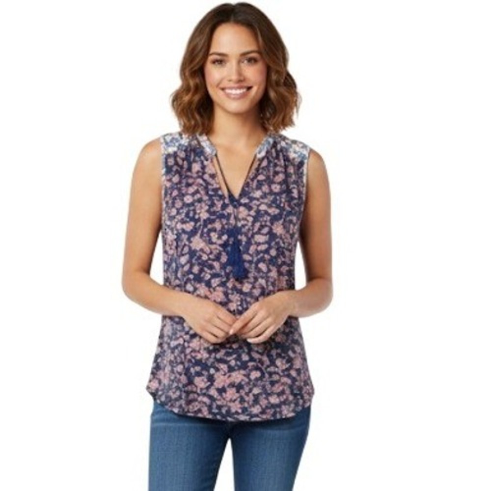 Lucky Brand Blouse Womens M Blue Floral Sleeveless Split Neck Tassel‎ Boho Y2K